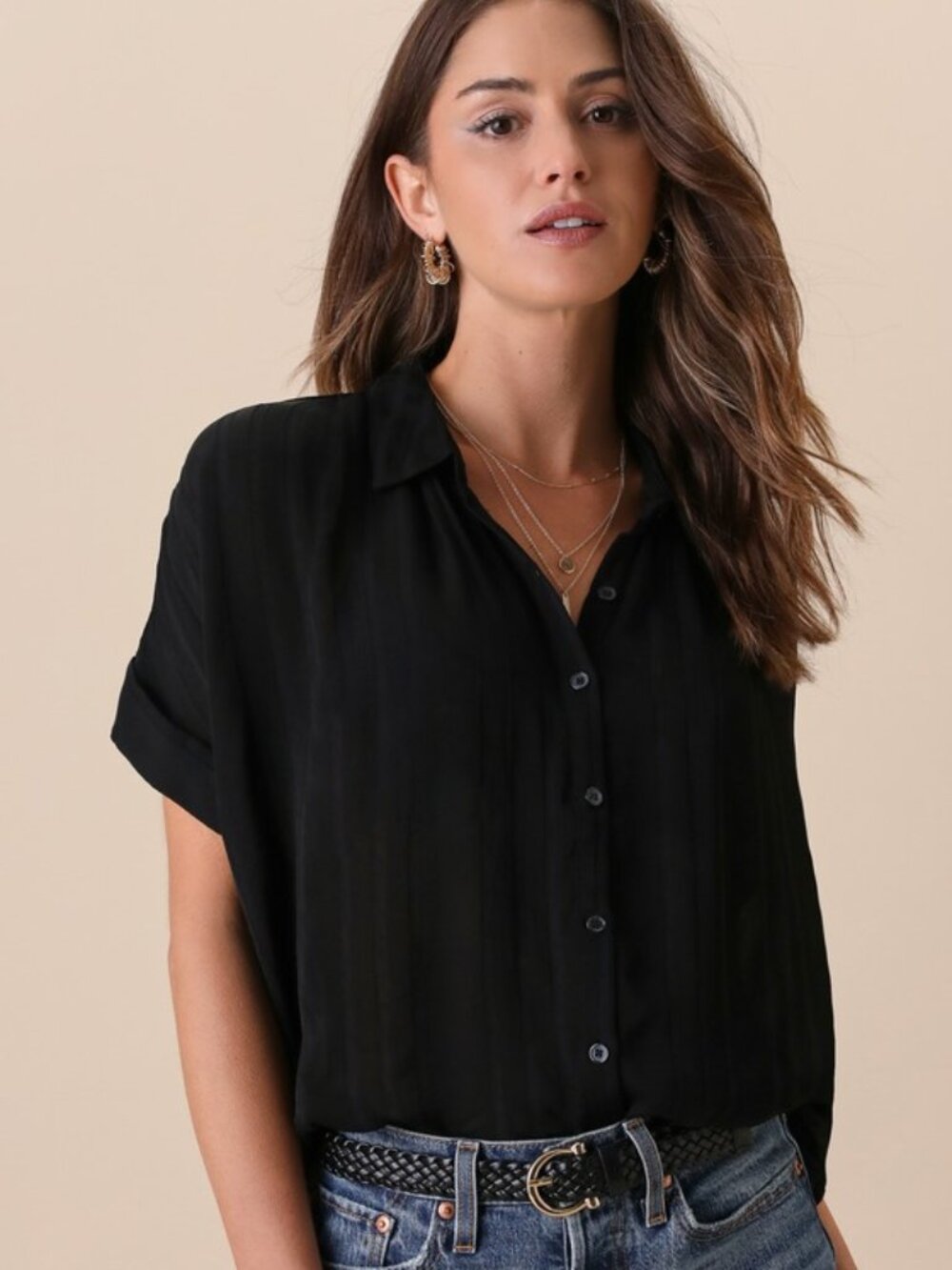 Lulus Everlee Black Striped Button-up Short Sleeve Top - Size M